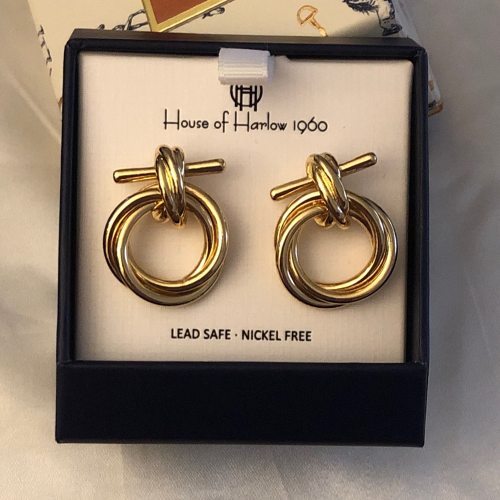 House of Harlow 1960 Gold Tone Bar & Twisted Knot Door Knocker Drop Earrings NIB